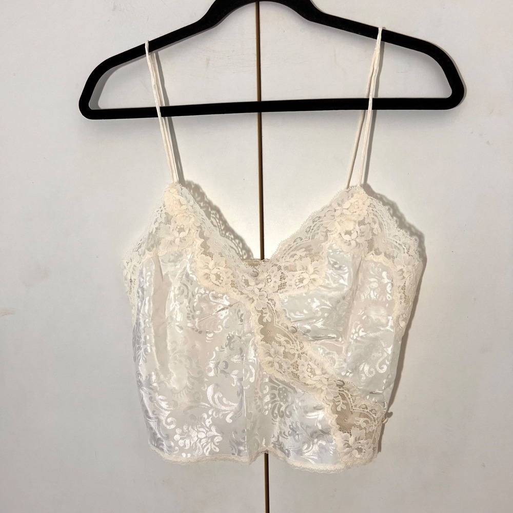 Vintage Me-2 Camisole Size XS Ivory Lace Trim Dainty Jacquard Satin Lingerie